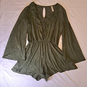 Peppermint Olive Green Romper L Bell Sleeve Lace-up Boho Romantic Coachella Rave